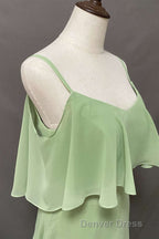Ruffles Sage Green Straps A Line Long Bridesmaid Dresses with Slit