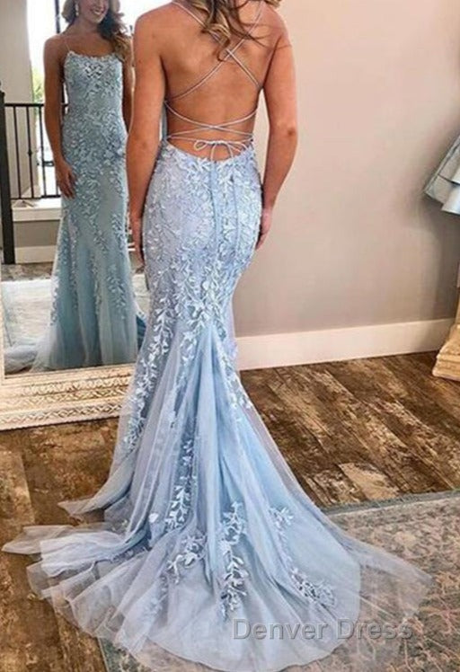 Chic Trumpet Spaghetti Straps With Lace Appliques Light Blue Prom Dresses Secondary image