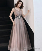 Champagne V Neck Tulle Long Prom Dress