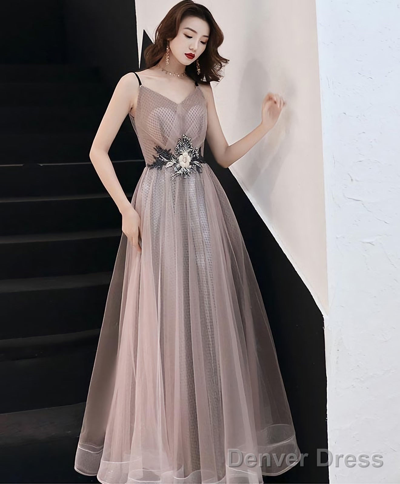 Champagne V Neck Tulle Long Prom Dress