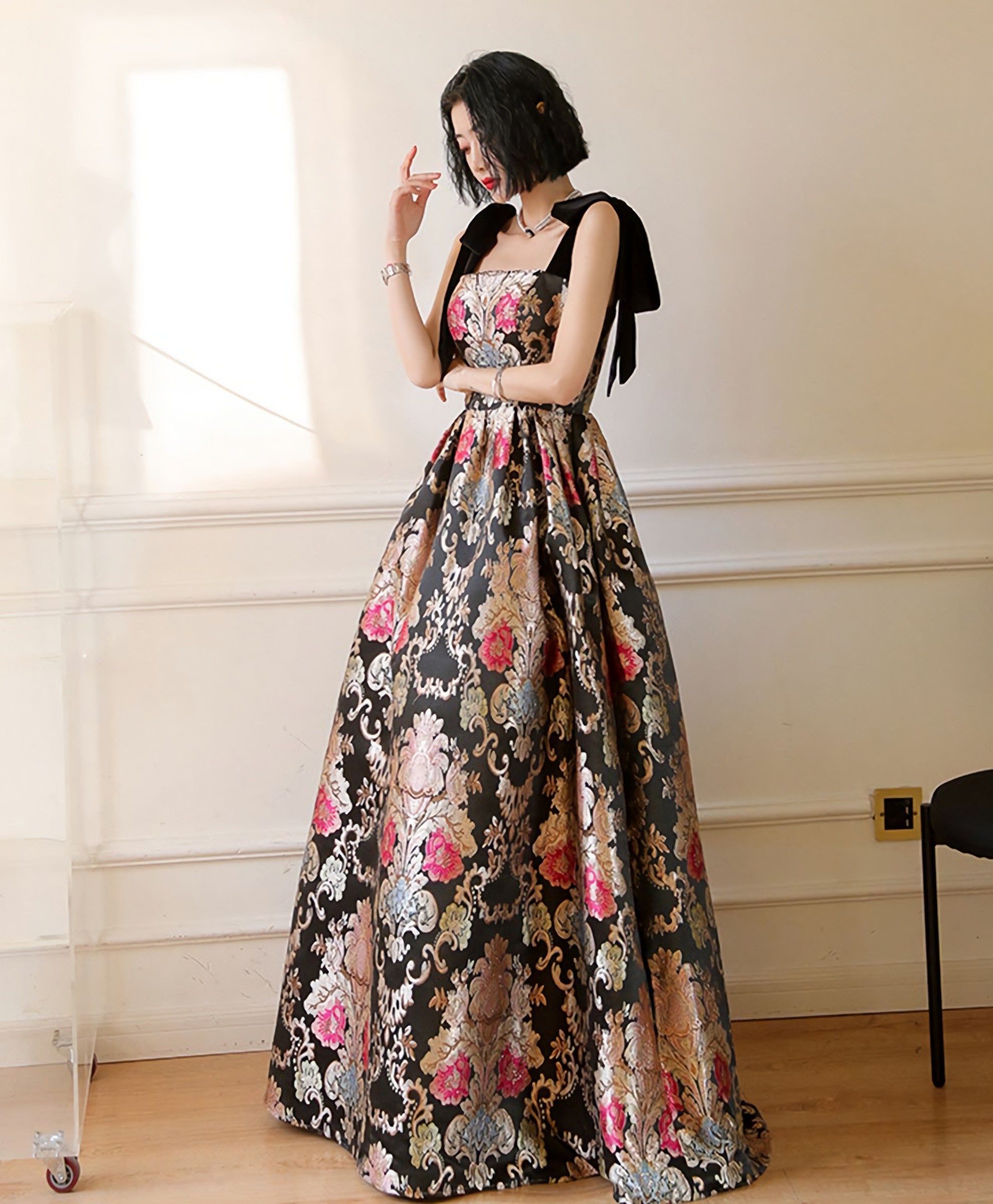 Unique Satin Long Prom Dress Flowers Satin Long Prom Dresses
