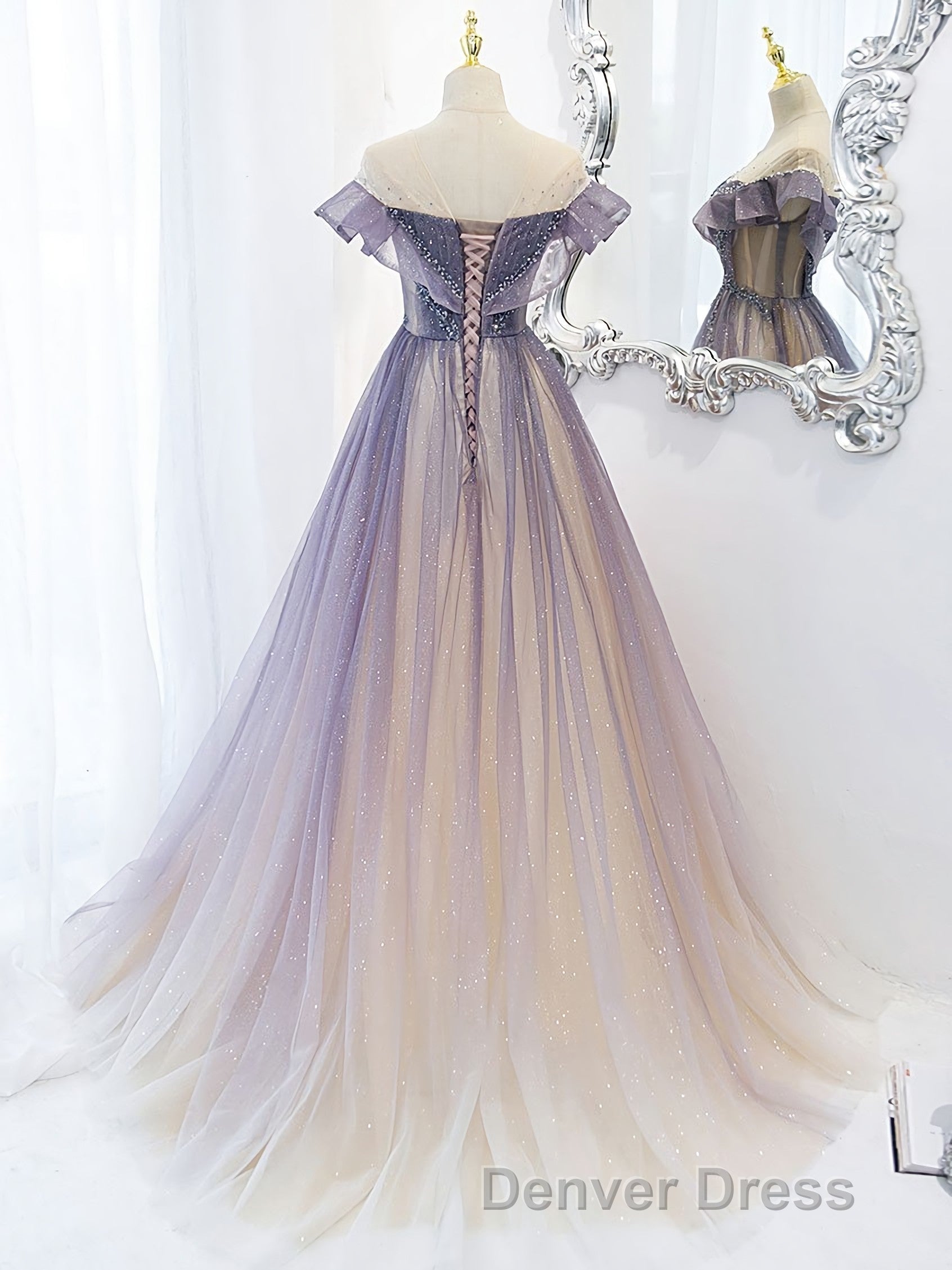 Purple Off Shoulder Tulle Sequin Long Prom Dresses, Purple Evening Dresses