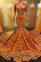 Hot Orange High neck Long Sleeves Mermaid Sequin Prom Dresses