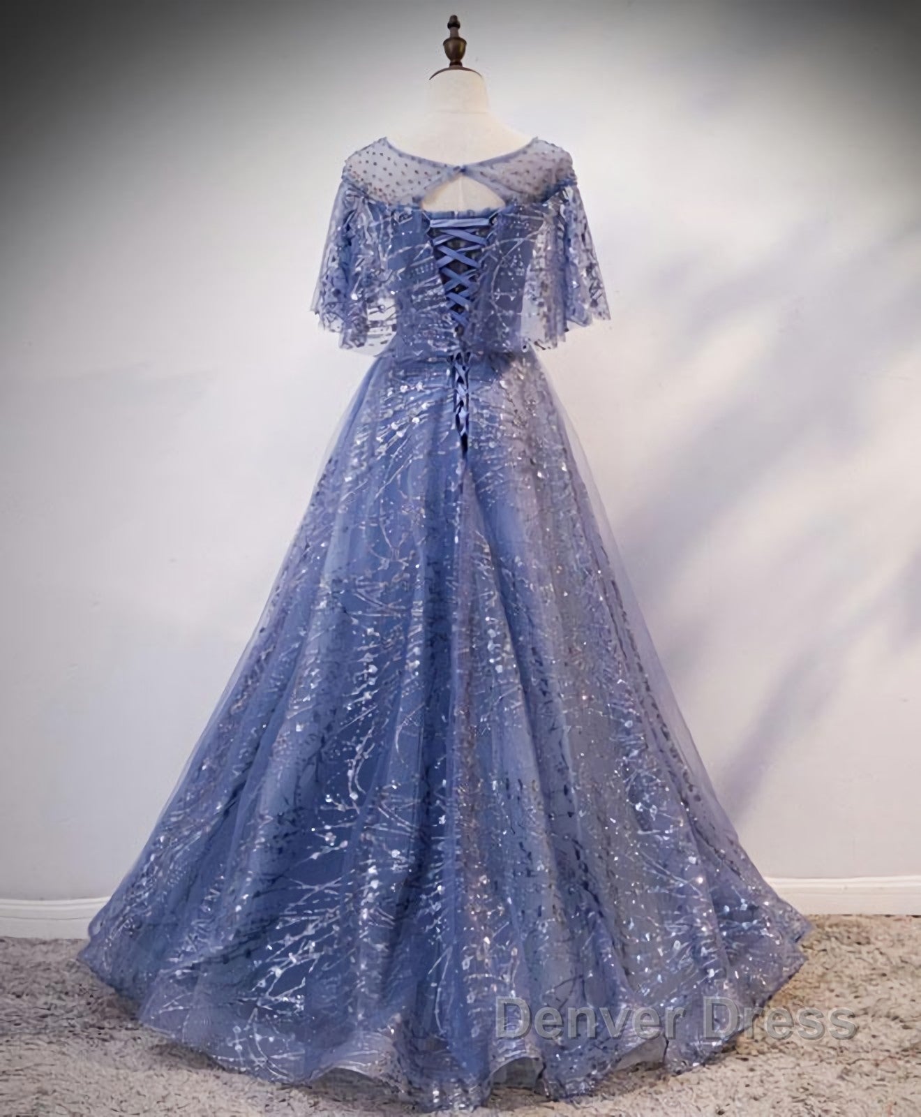Unique Round Neck Tulle Lace Long Prom Dresses, Blue Lace Evening Dresses