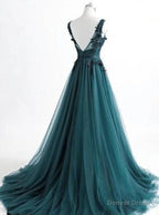 V Neck Dark Green Cheap Long Prom Dress, Sweet 16 Prom Dresses