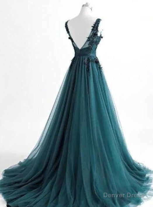 V Neck Dark Green Cheap Long Prom Dress, Sweet 16 Prom Dresses