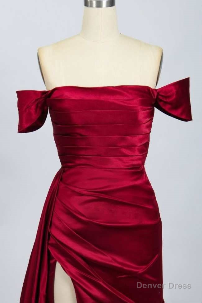 Red Satin Off The Shoulder Mermaid Long Prom Dresses with Slit Secondary image