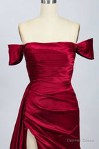 Red Satin Off The Shoulder Mermaid Long Prom Dresses with Slit