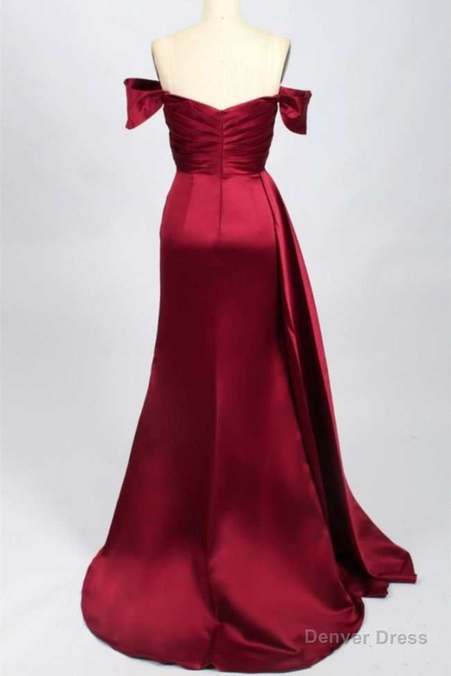Red Satin Off The Shoulder Mermaid Long Prom Dresses with Slit Main image