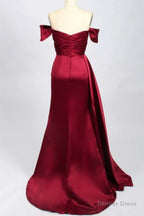 Red Satin Off The Shoulder Mermaid Long Prom Dresses with Slit