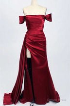 Red Satin Off The Shoulder Mermaid Long Prom Dresses with Slit
