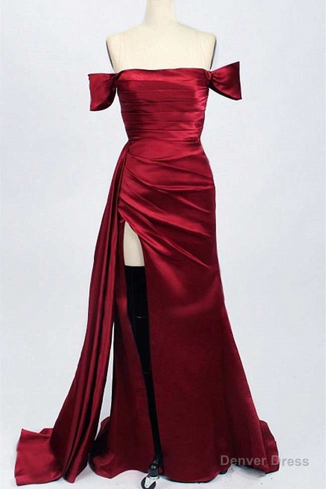 Red Satin Off The Shoulder Mermaid Long Prom Dresses with Slit