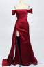 Red Satin Off The Shoulder Mermaid Long Prom Dresses with Slit