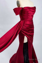 Red Satin Off The Shoulder Mermaid Long Prom Dresses with Slit