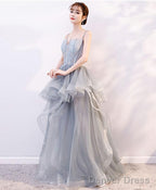Gray Tulle Lace Long Prom Dress Gray Tulle Lace Prom Dresses 2