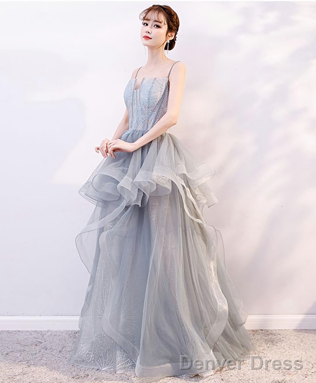 Gray Tulle Lace Long Prom Dress Gray Tulle Lace Prom Dresses 2