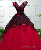 Unique Burgundy V Neck Tulle Long Prom Dresses, Burgundy Evening Dresses