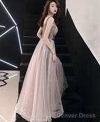 Champagne V Neck Tulle Long Prom Dress