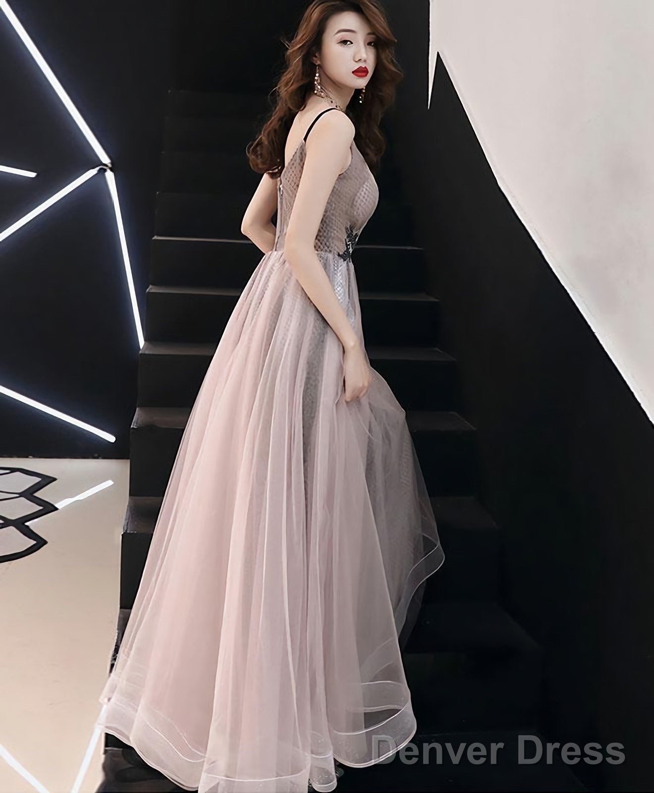 Champagne V Neck Tulle Long Prom Dress