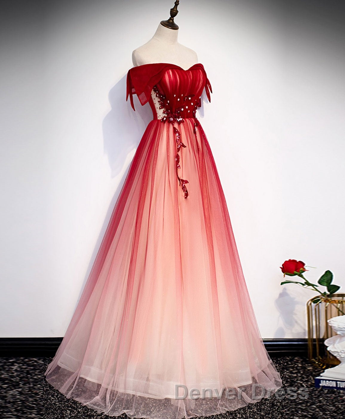 Burgundy Off Shoulder Tulle Long Prom Dresses, Burgundy Formal Dresses, 1