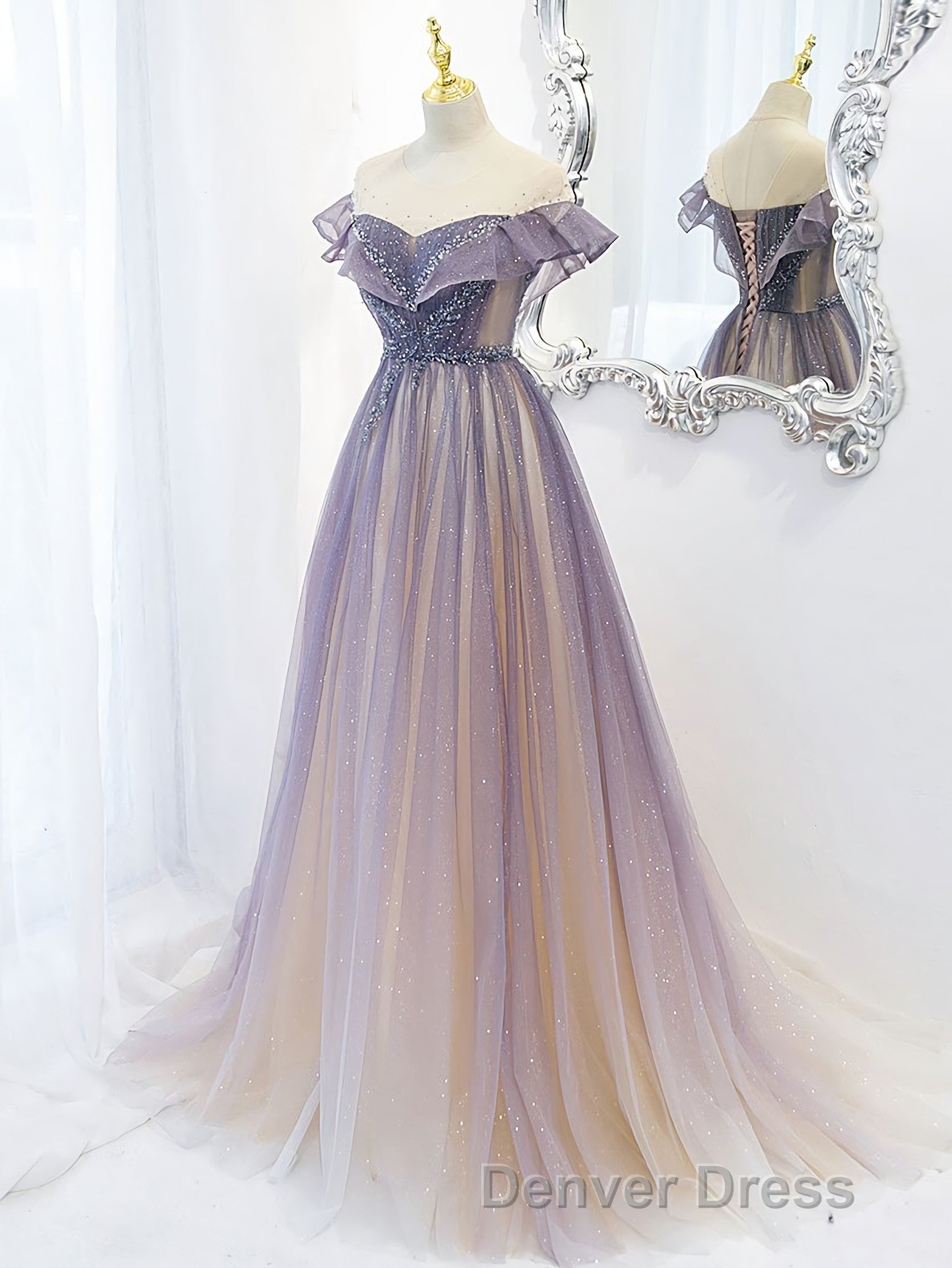 Purple Off Shoulder Tulle Sequin Long Prom Dresses, Purple Evening Dresses