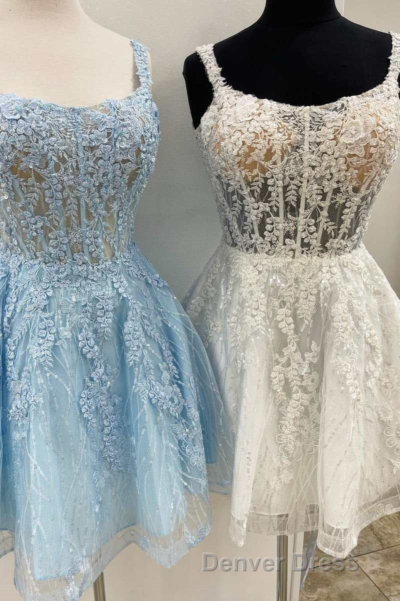 Floral Lace Scoop Neck A Line Short Prom Dresses