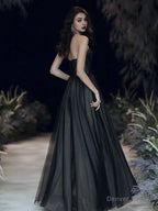 Black A Line Prom Dress Open Back Dresses Prom Floor Length Sleeveless Spaghetti Strap Tulle with Pleats