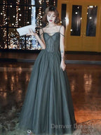A-Line Prom Dresses Open Back Dresses Formal Wedding Party Floor Length Sleeveless Spaghetti Strap Tulle with Pleats