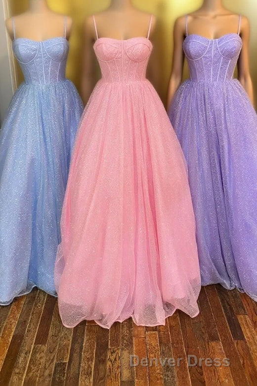 Princess Light Blue A Line Straps Long Prom Gowns