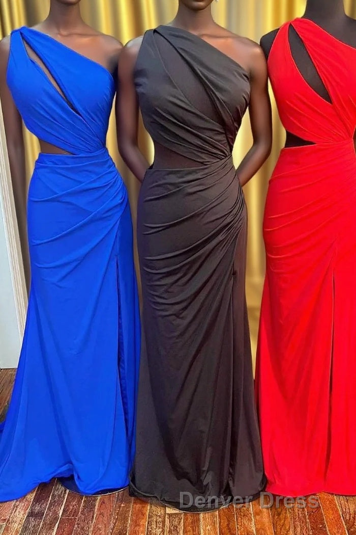 One-Shoulder Keyhole Cutout Mermaid Long Formal Dresses with Slit