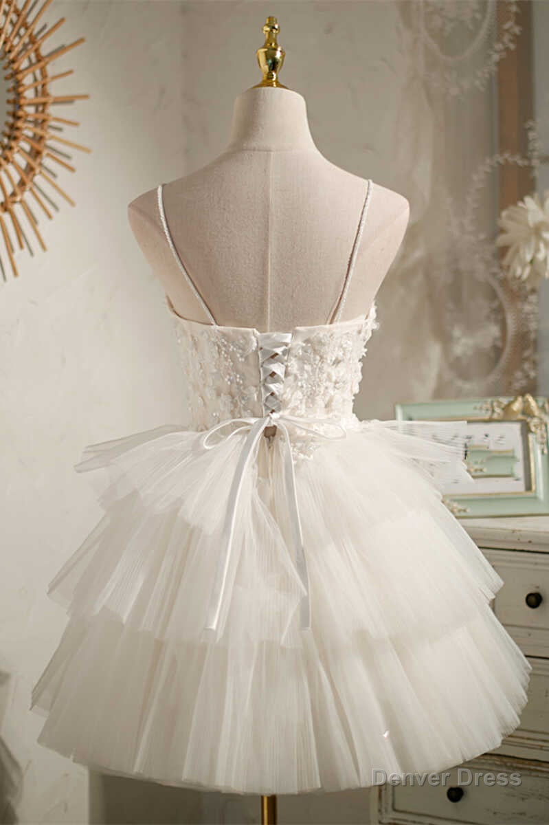 Multi Tiered White Straps A Line Short Prom Dresses
