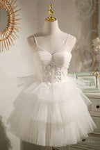 Multi Tiered White Straps A Line Short Prom Dresses