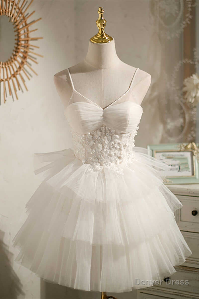 Multi Tiered White Straps A Line Short Prom Dresses