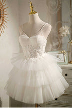 Multi Tiered White Straps A Line Short Prom Dresses