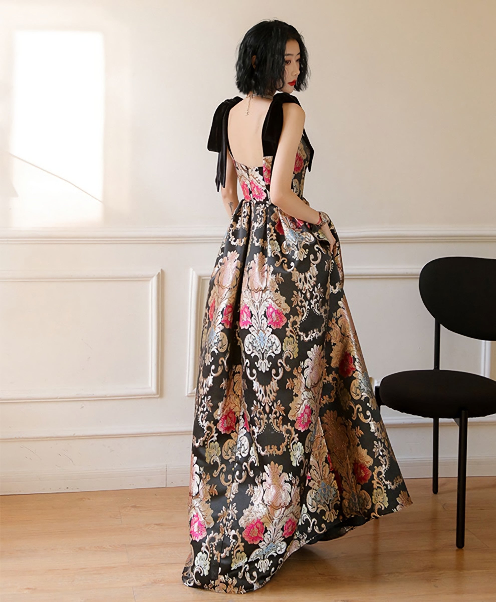 Unique Satin Long Prom Dress Flowers Satin Long Prom Dresses