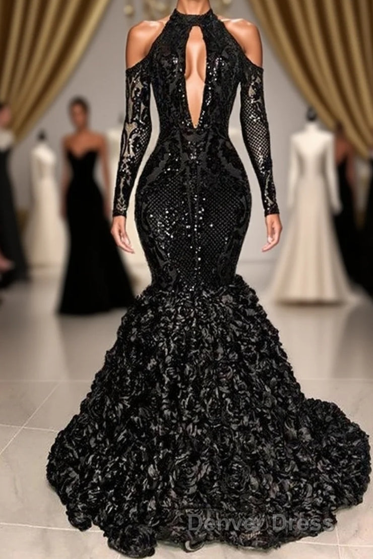 Black Sexy Keyhole Cool Shoulder Mermaid Flowers Prom Dresses Main image