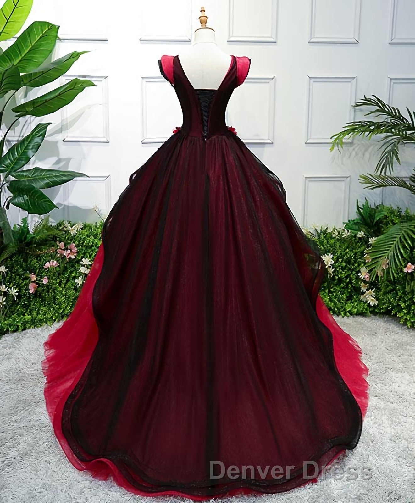 Unique Burgundy V Neck Tulle Long Prom Dresses, Burgundy Evening Dresses Secondary image