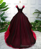 Unique Burgundy V Neck Tulle Long Prom Dresses, Burgundy Evening Dresses