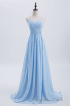 Blue Pleated Straps Chiffon Long Bridesmaid Dresses