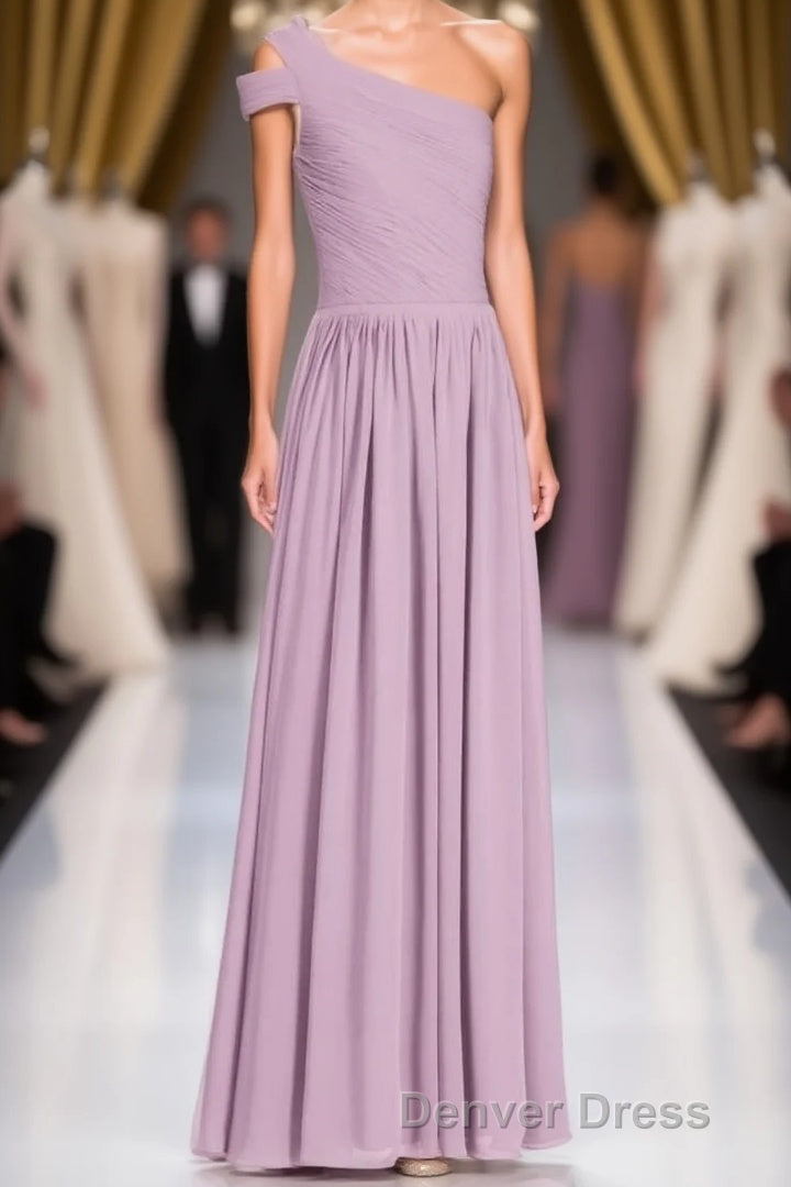 Dusty Purple Chiffon One Shoulder A Line Long Bridesmaid Dresses Main image
