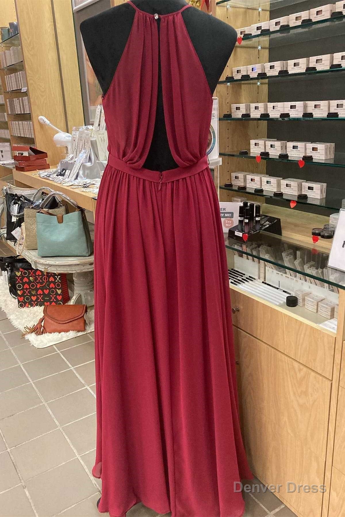 Red Chiffon Halter Backless A Line Long Bridesmaid Dresses Main image