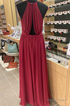 Red Chiffon Halter Backless A Line Long Bridesmaid Dresses