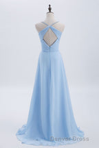 Blue Pleated Straps Chiffon Long Bridesmaid Dresses