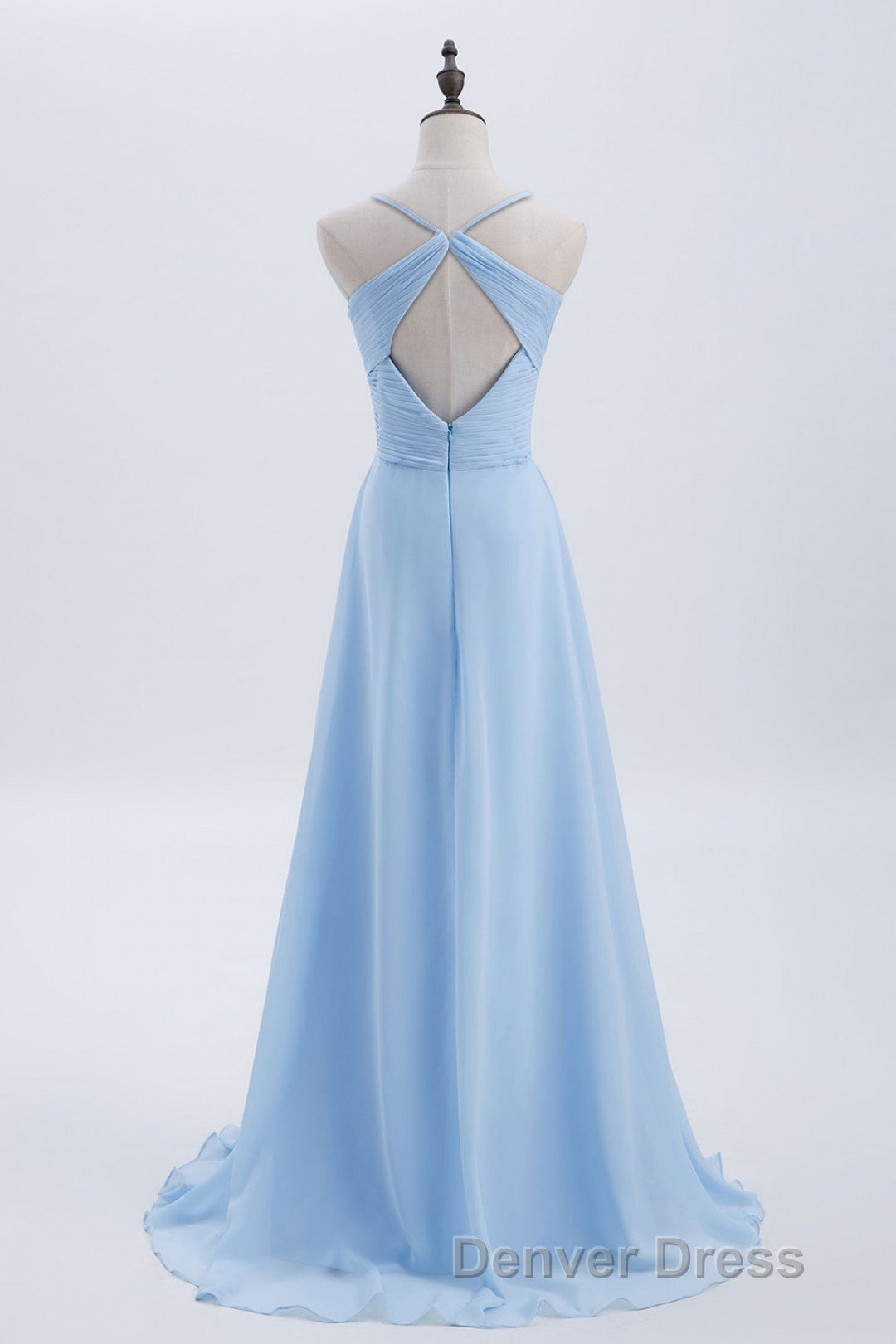 Blue Pleated Straps Chiffon Long Bridesmaid Dresses