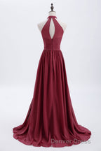 High Neck Burgundy Chiffon A Line Long Bridesmaid Dresses