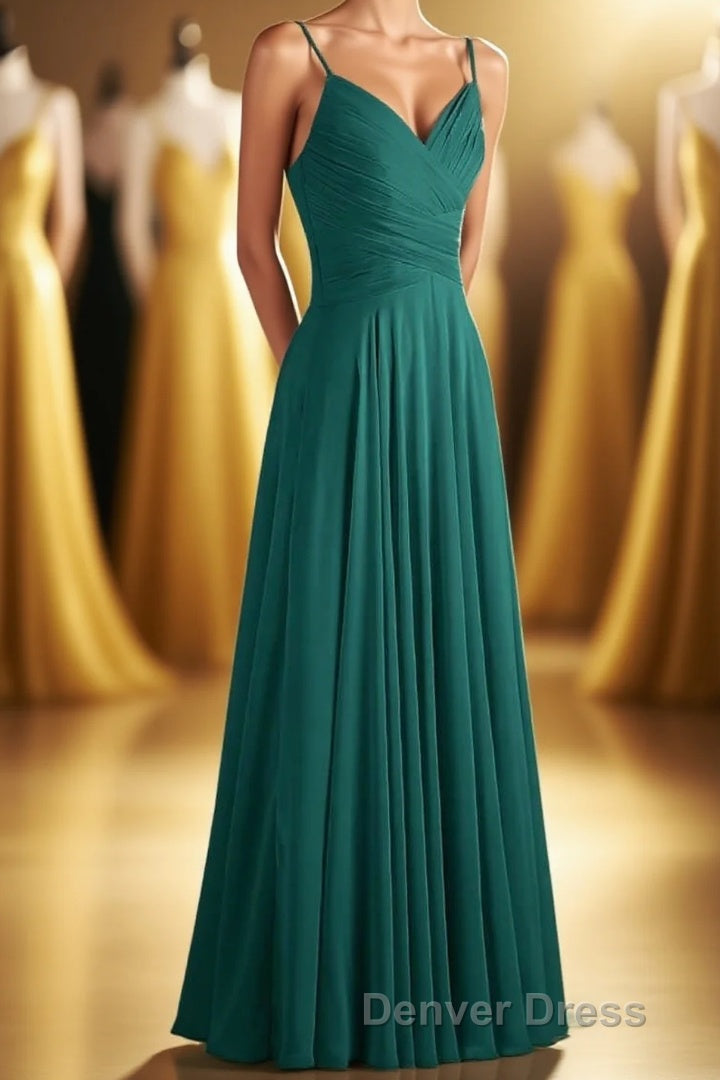 Hunter Green Chiffon V Neck Spaghetti Straps A Line Long Dresses Main image