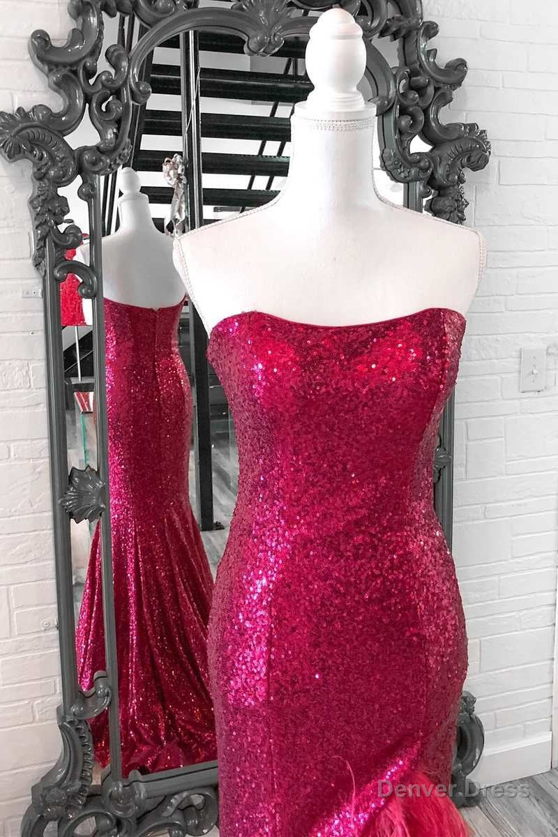 Fuchsia Sequin Feather Strapless Mermaid Long Prom Dress with Slit Main image