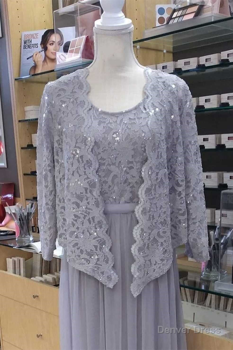 Two-Piece Grey Lace Chiffon Round Neck A-Line Formal Dress with Cardigan Secondary image