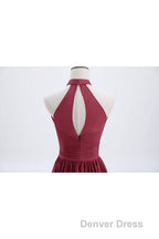 High Neck Burgundy Chiffon A Line Long Bridesmaid Dresses