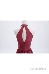 High Neck Burgundy Chiffon A-line Long Bridesmaid Dress